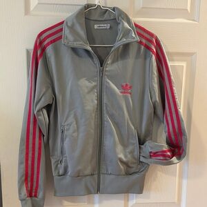 adidas Light Gray Track Jacket with Pink Stripes